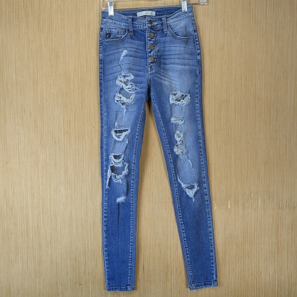 Kancan High Rise Distressed Boho Grunge Skinny Jeans Button Fly Size 25 Blue